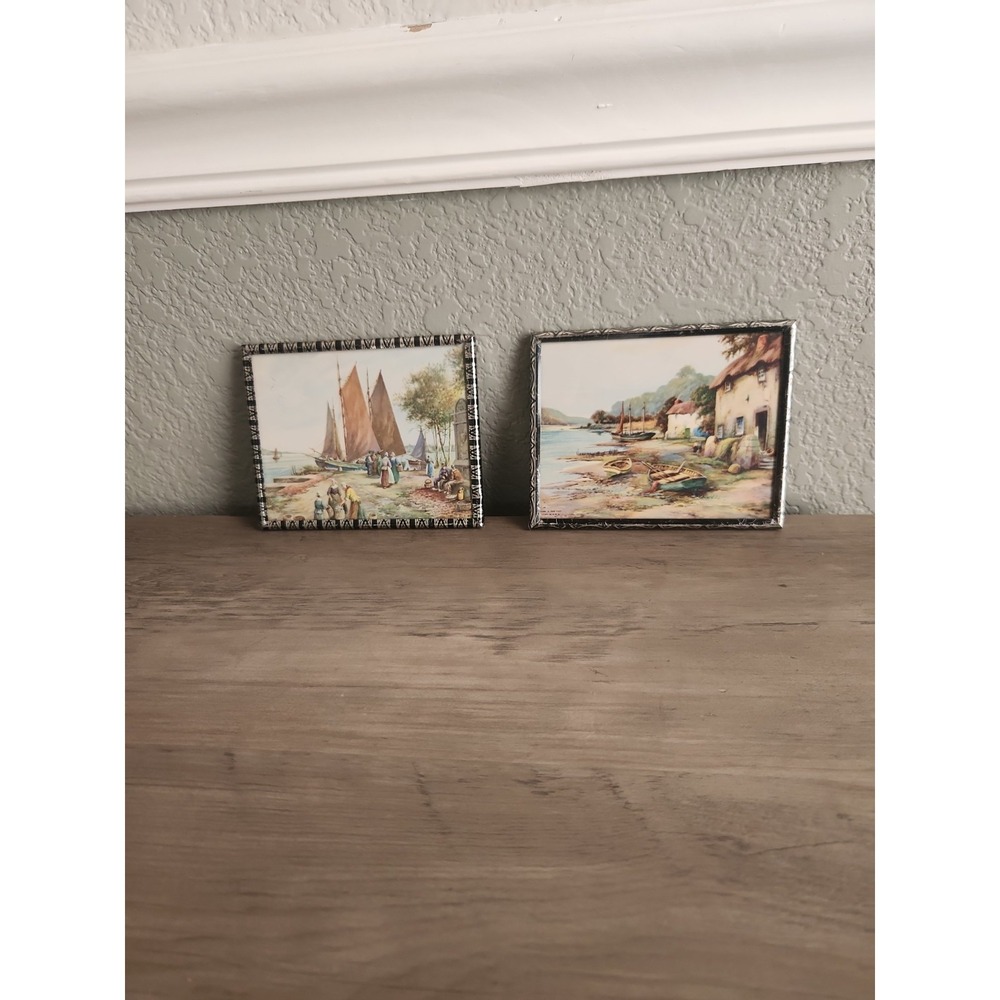 (2)Vtg 1930-50s Metal Framed Litho Prints Ship Boat Nautical Village Moss Fox 5"